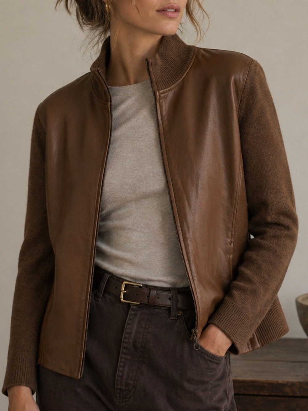 NWOT Pendleton leather + merino wool zip jacket tan brown XL moto-cardigan
